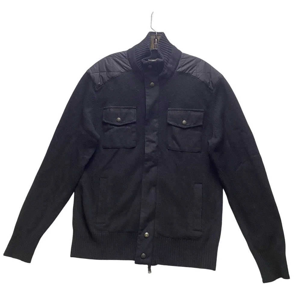 Banana Republic Sweater Jacket Mens Large‎ Black Quilted Merino Wool Full Zip